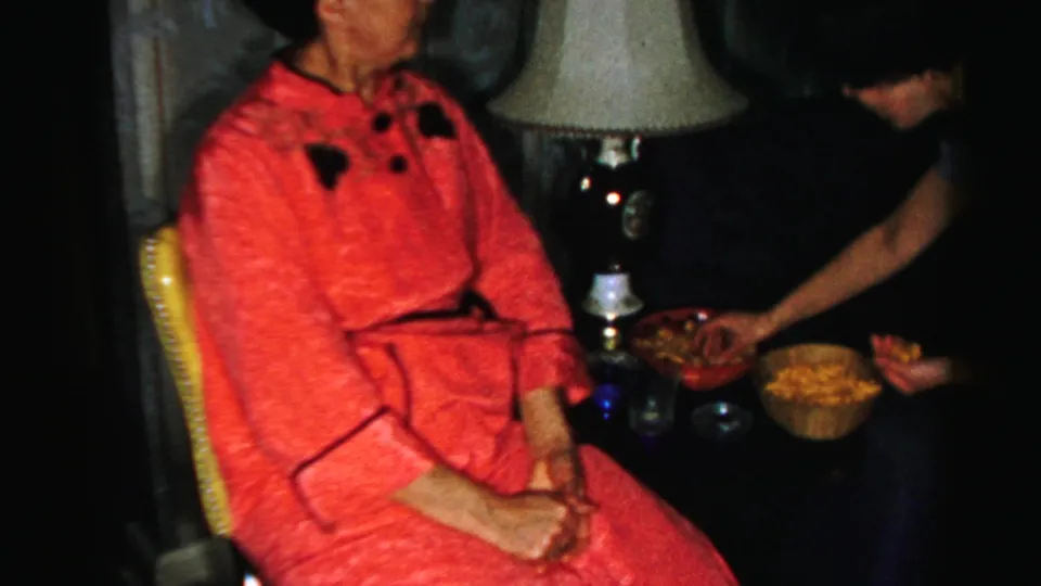 Inside a private Albany home in 1956, a woman sits in an orange dress as another person leans over a snack table.