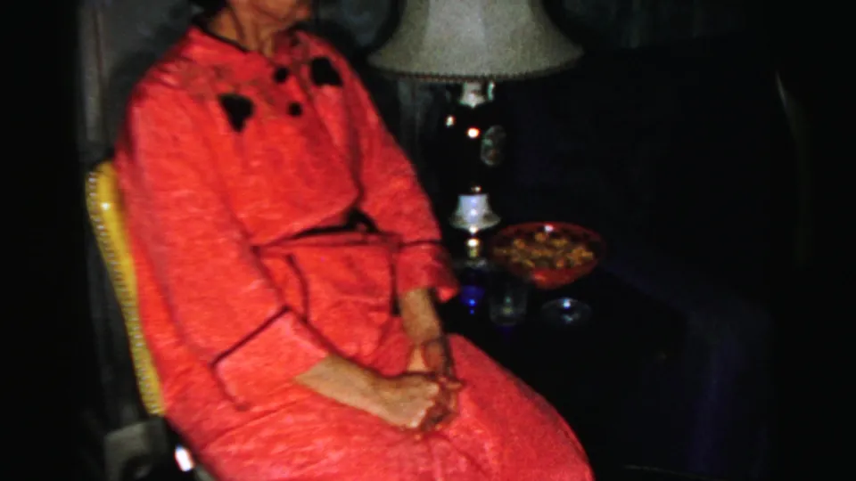 The final 1956 Albany frame keeps focus on the seated woman, side lamp, snack bowls, and dark living-room setting.