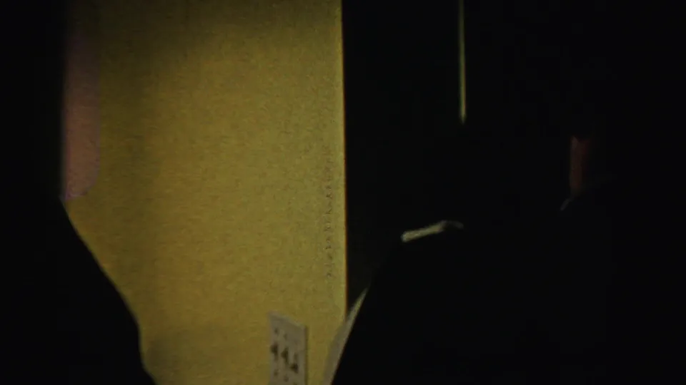 Final 1956 Albany home-movie frame shifts away from the food table toward a dim interior edge and yellow wall or surface.