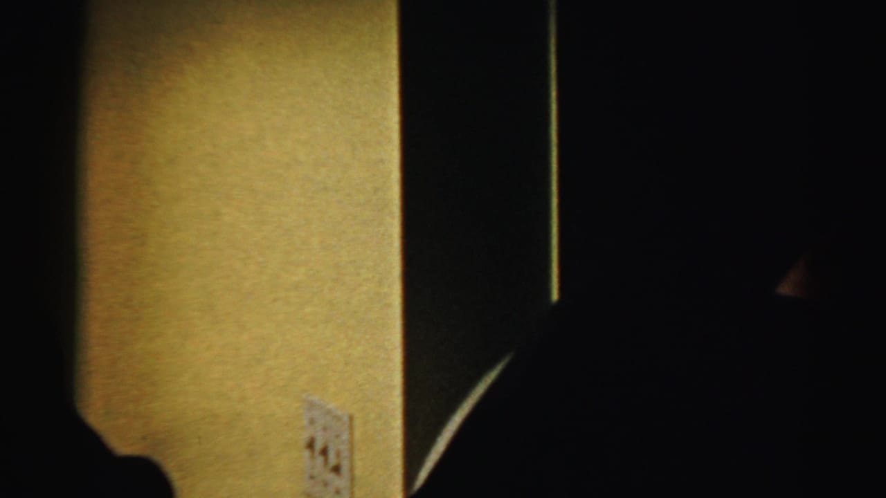 In Albany archival 8mm footage from the 1950s, two adult men appear in silhouette inside a dim room near visible wall switches.
