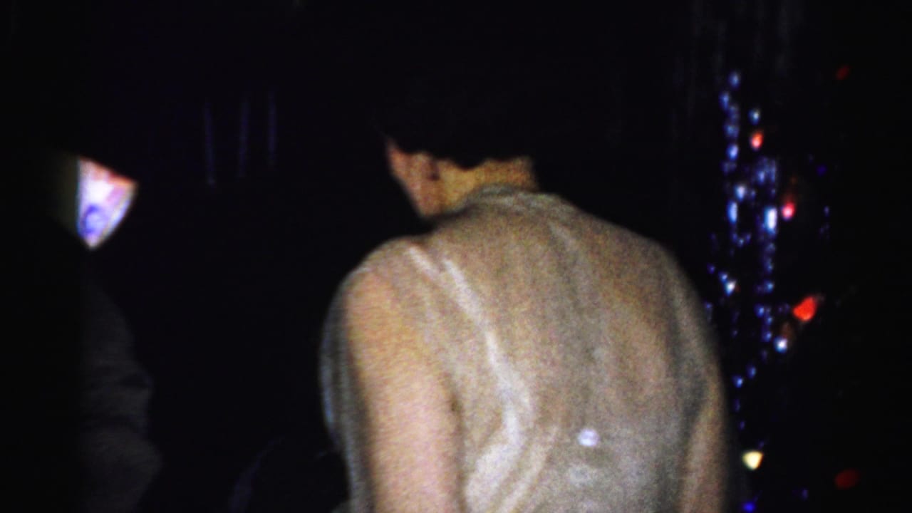 Albany 1950s home-movie frame showing a person from behind in light clothing amid a dim indoor celebration.