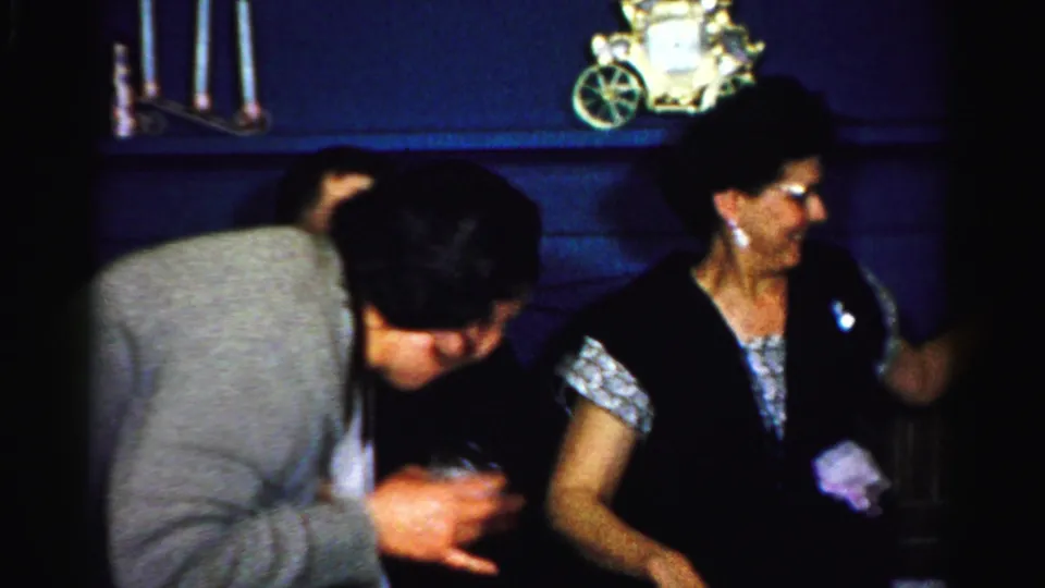 1950s Albany home-movie frame of adult guests gathered indoors near dark wall paneling, shelf decor, and a partially visible seated woman.