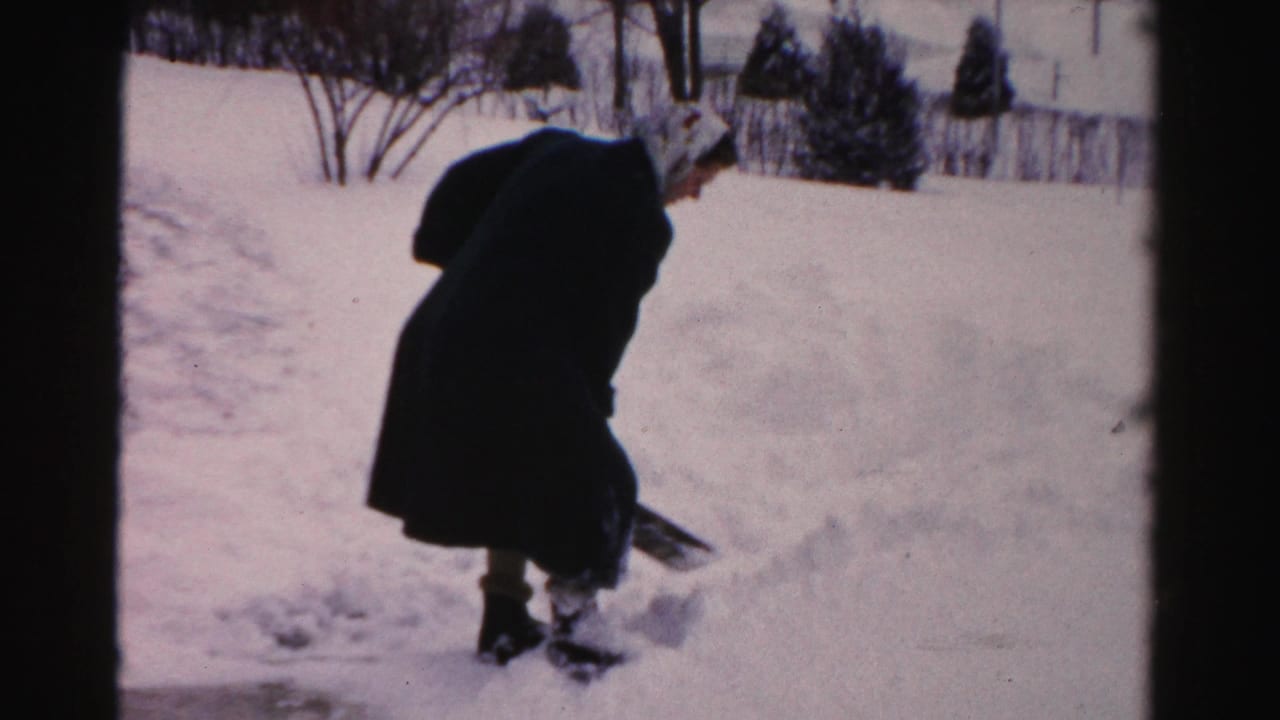 Person in a dark coat lifts or pushes snow with a shovel in a snowy yard.