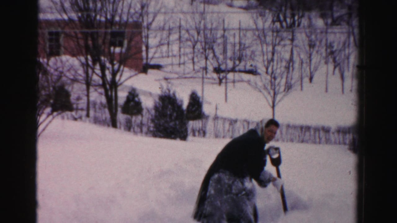 In Albany, New York, a woman in winter clothing shovels deep snow in a residential yard, with bare trees and a brick house visible.