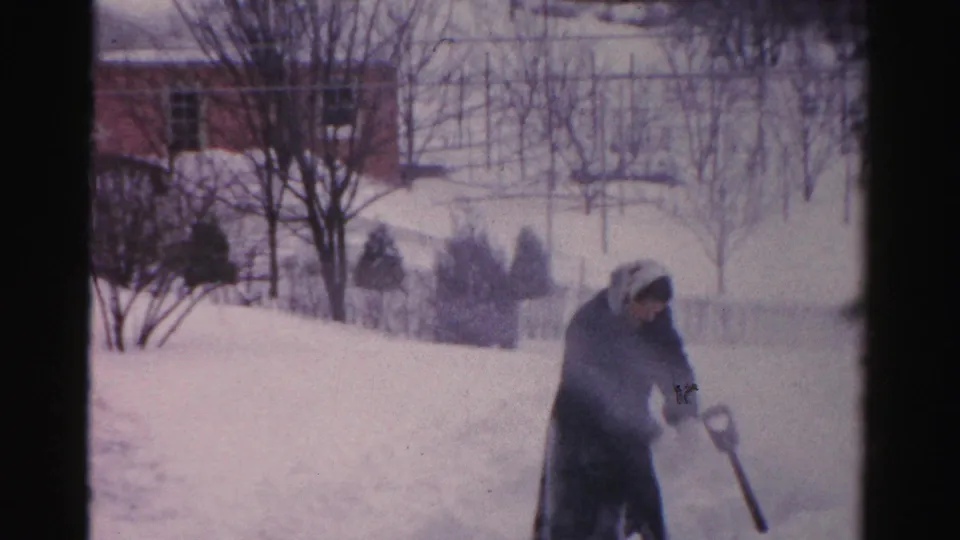 A woman in winter clothing shovels through packed snow in an Albany yard, framed by trees, shrubs, and a distant brick house.