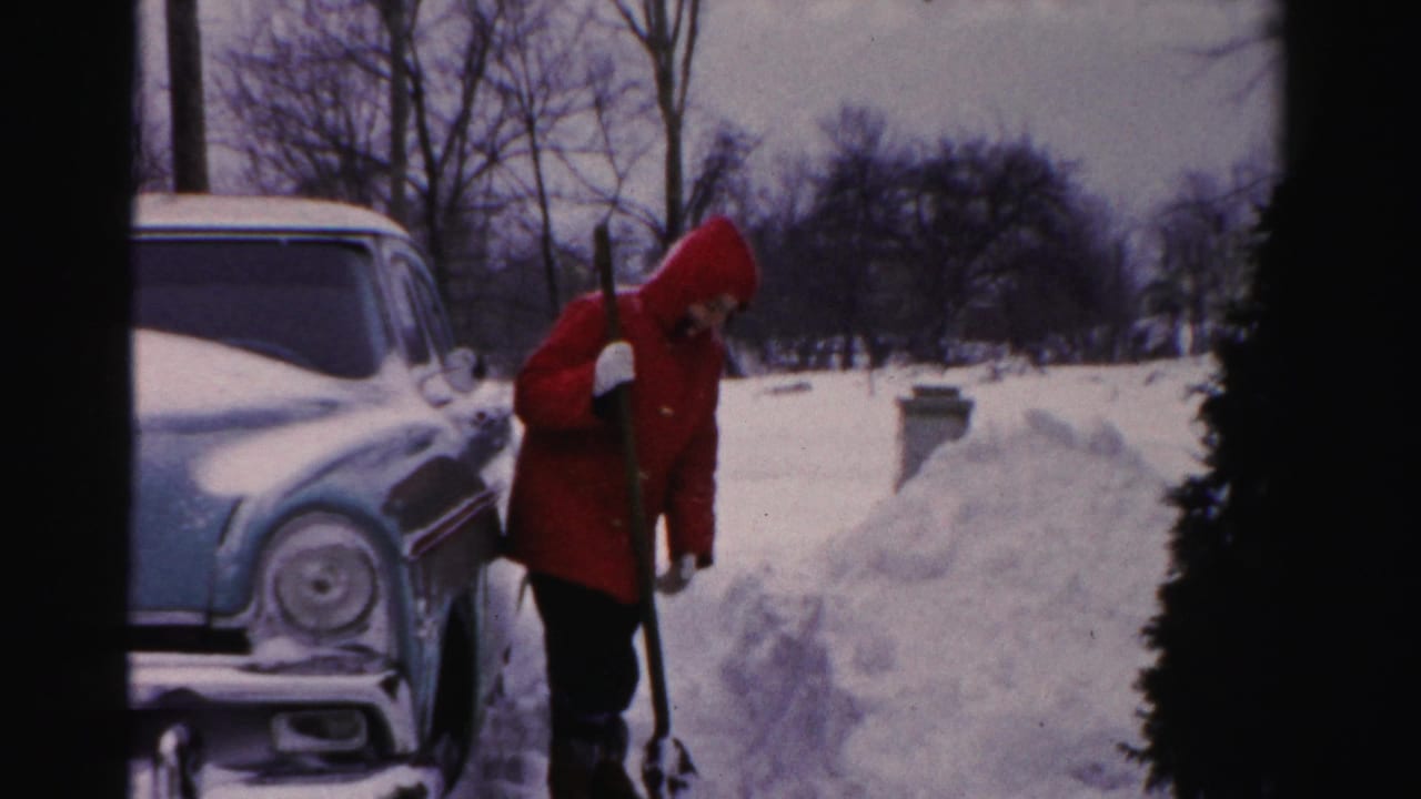 Person in a red hooded coat leans on a shovel near the front of a snow-covered car.