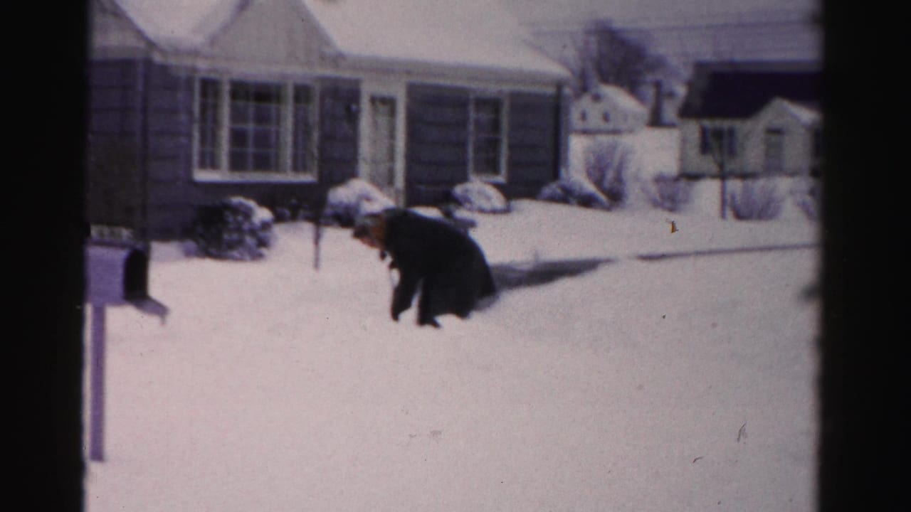 Man bent shoveling snow; dark-sided house with white window trim visible in background; mailbox post in foreground.