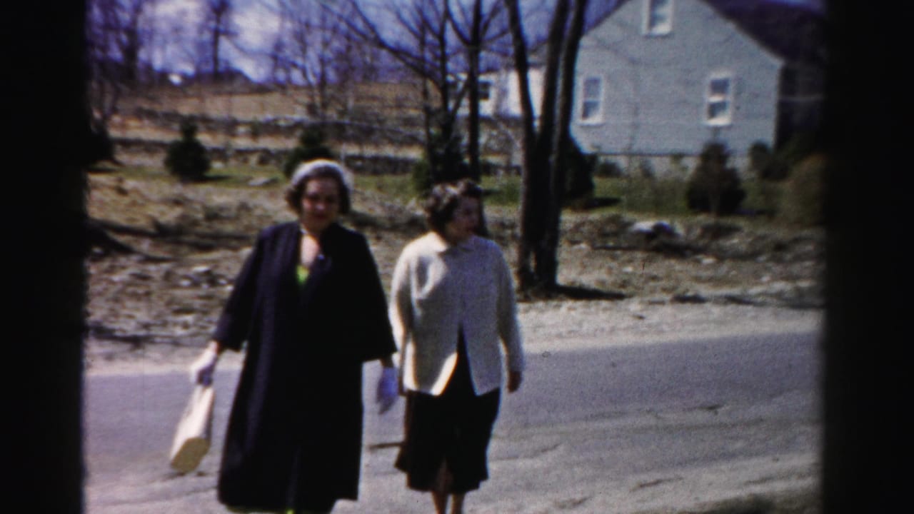 Two women in 1950s attire walk side by side along a paved suburban road in Albany, New York; bare trees and a grey clapboard house are visible behind them.