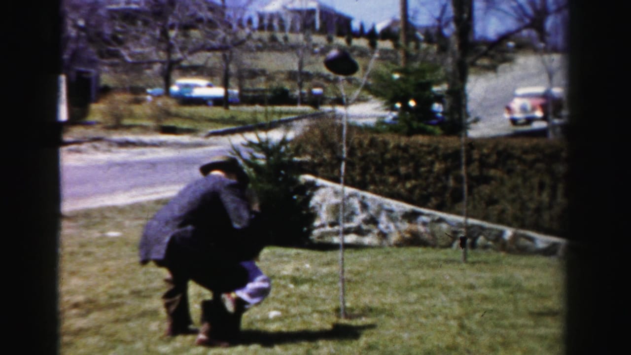 Man in dark 1950s suit bends toward a young child on a grassy lawn in Albany, New York; hedgerow, bare trees, and period automobiles fill the background.