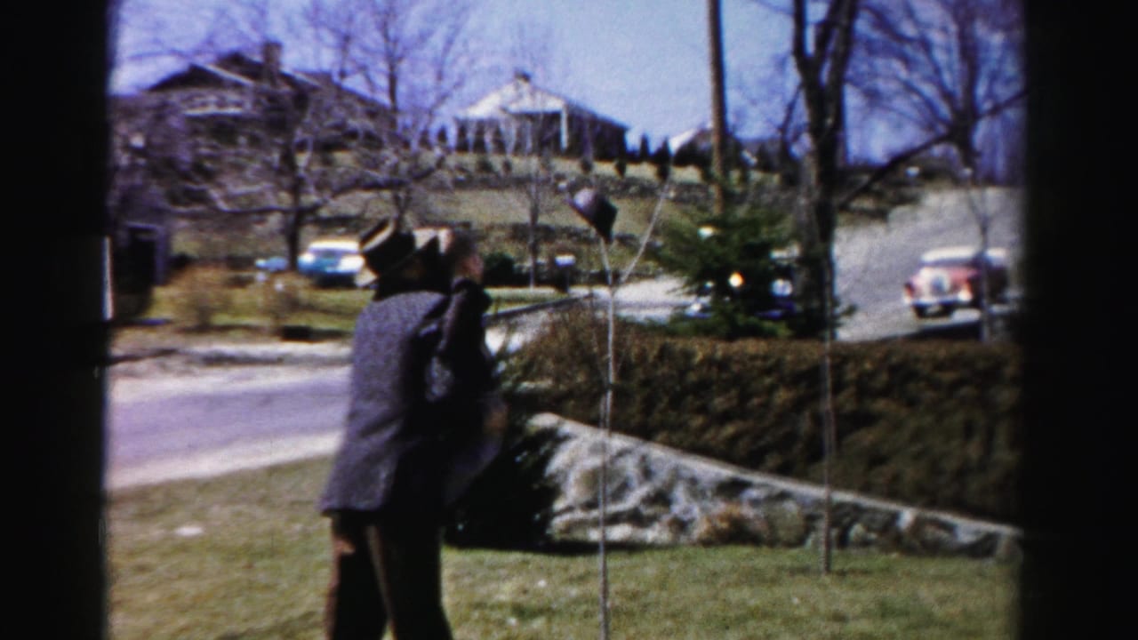 Man in dark jacket and brimmed hat on a residential Albany, New York lawn, circa mid-1950s; classic American automobiles visible on the street behind a hedge.