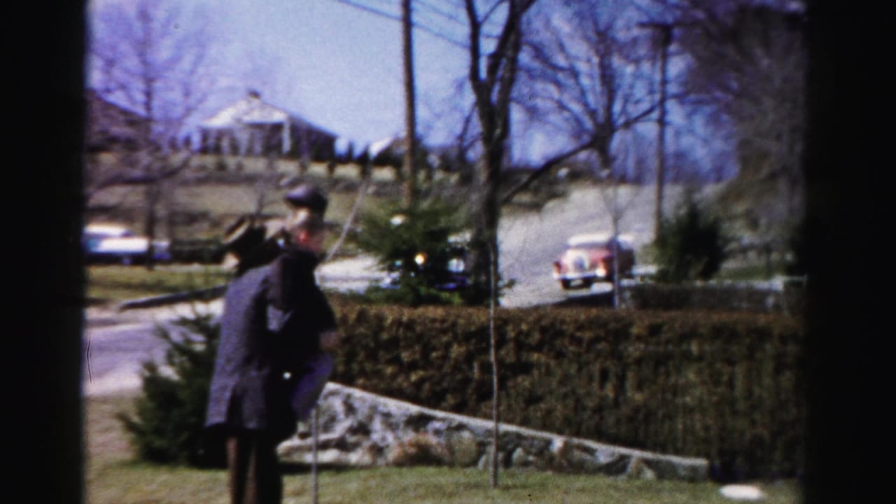 Adult male in dark overcoat and fedora-style hat standing in a suburban yard, Albany, New York, circa 1955-1956; bare trees and period automobiles visible in background.