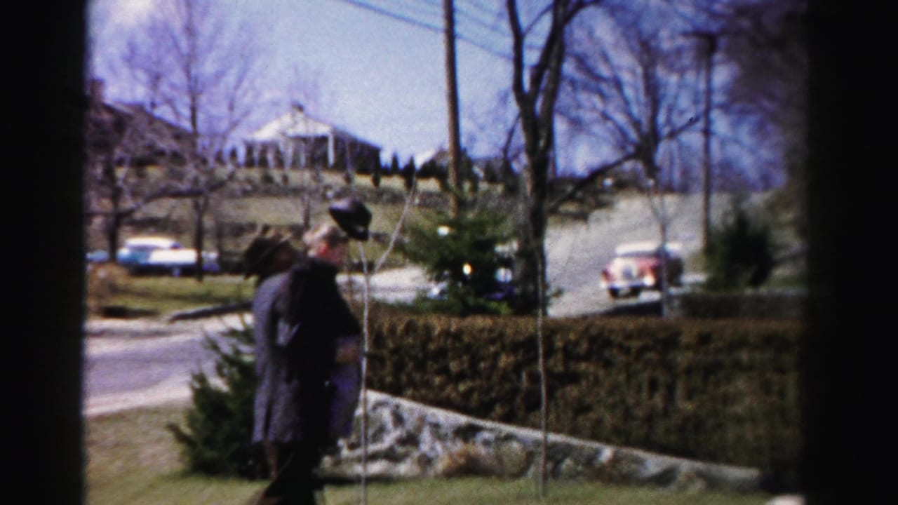 Adult male in dark overcoat raising arm toward a bare tree in a suburban yard, Albany, New York, circa 1955-1956; period automobiles and a hillside residential structure visible in background.