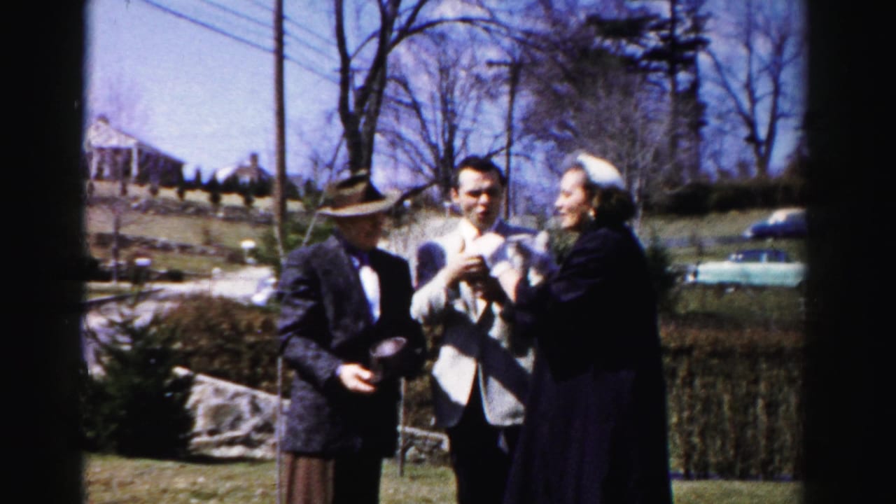 Three adults — a man in a fedora and dark suit, a man in a light jacket, and a woman in a dark coat — stand on a lawn in mid-1950s dress, with a blue period car and a house on a slope behind them.