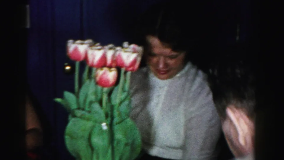 8mm close shot of a woman in a white sweater gazing at pink tulips, a second person's arm visible at frame edge, mid-1950s domestic interior, likely Albany, New York.