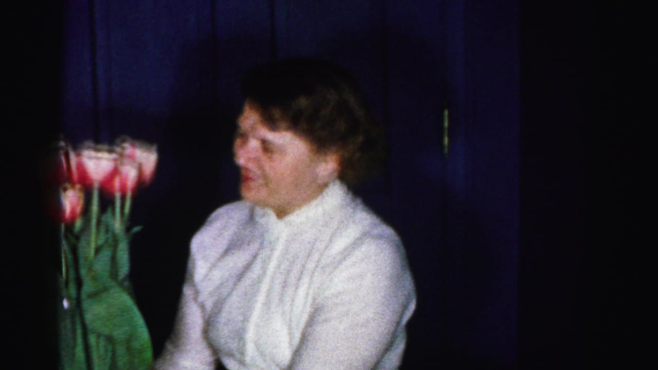 Woman with short reddish-brown hair in a white textured blouse holds tall-stemmed pink and red tulips; dark blue interior behind her; 8mm home movie, Albany, New York area, mid-1950s.