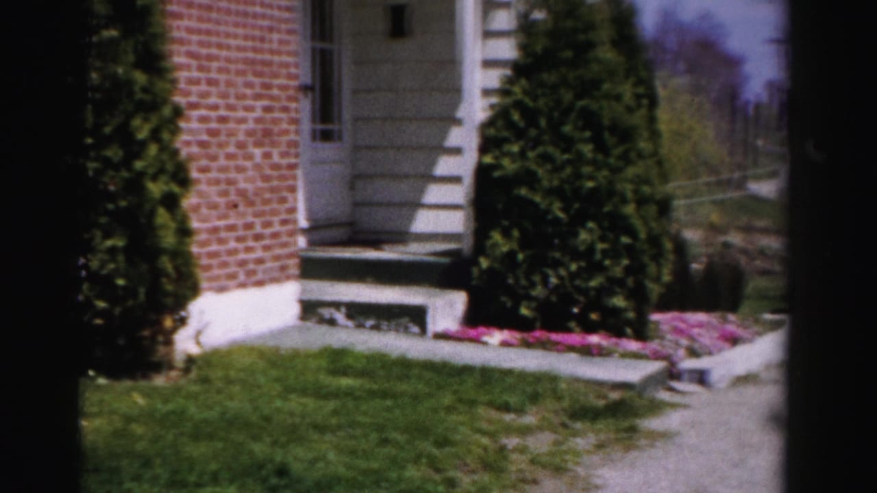 Brick-and-white-trim residential house corner with concrete entry steps, trimmed evergreen shrubs, and green front lawn, from an 8mm home movie shot in Albany, New York, circa mid-1950s.
