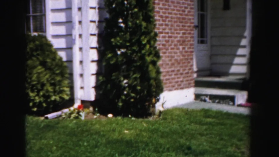 Brick house with white wood siding details, trimmed evergreen shrubs flanking the entry, and a flower bed at the foundation, from a mid-1950s 8mm home movie, Albany, New York.
