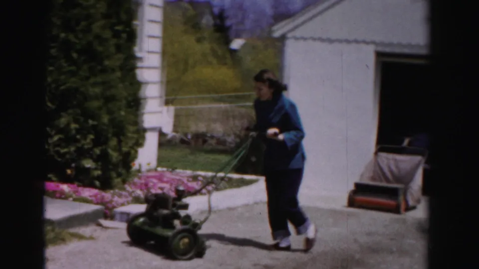 Mid-1950s woman operating a motorized push mower alongside pink spring-blooming shrubs near a white suburban building, Albany, New York area, circa 1955–1956.