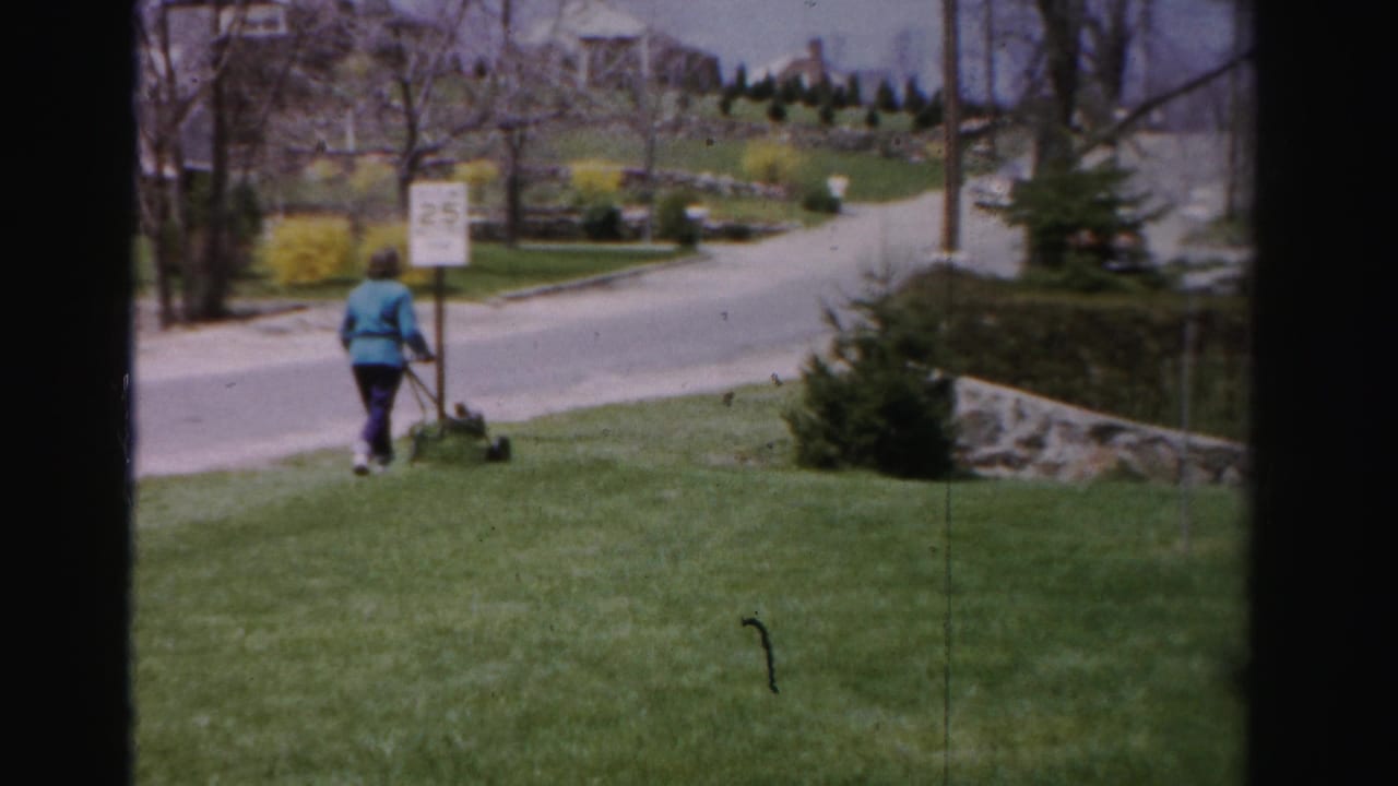 Woman in blue jacket pushing a reel mower across a green suburban front lawn, shot from behind, with a 25 mph speed sign and stone retaining wall at the street edge.