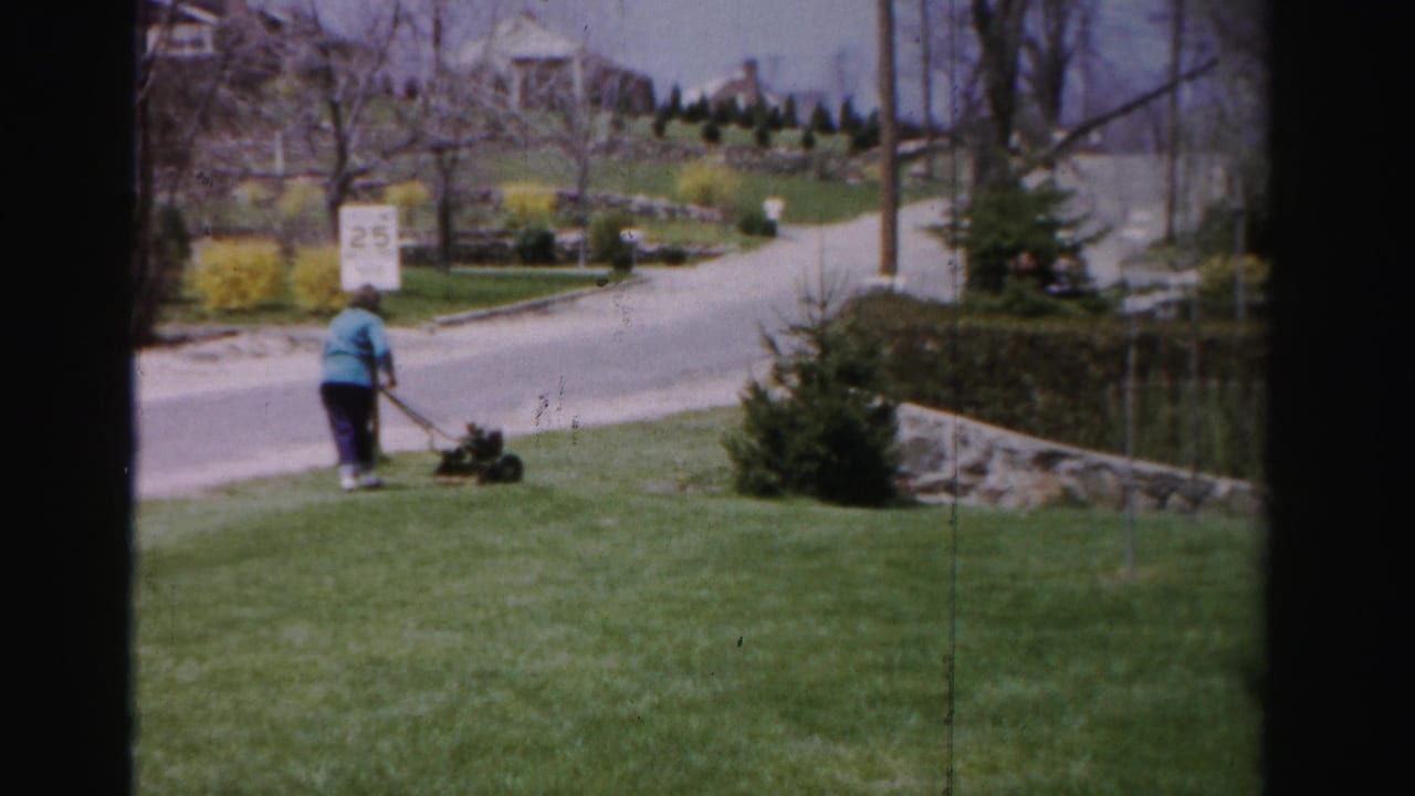 Woman pushing a reel mower along a stone retaining wall in a mid-1950s Albany, New York front yard; 25 mph sign and forsythia in bloom visible at street edge.