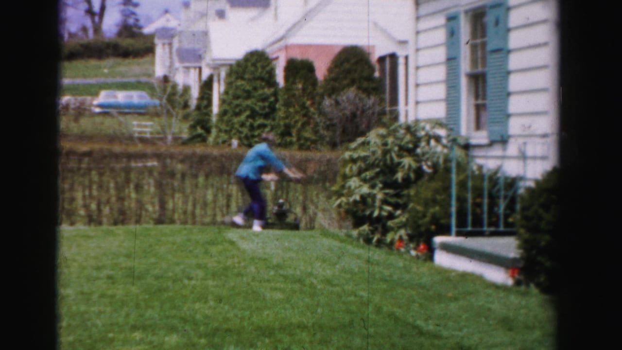 Woman pushing a reel mower near the front steps of a white suburban house, teal shutters and red flowering plants visible at base of steps, 1950s Albany New York.