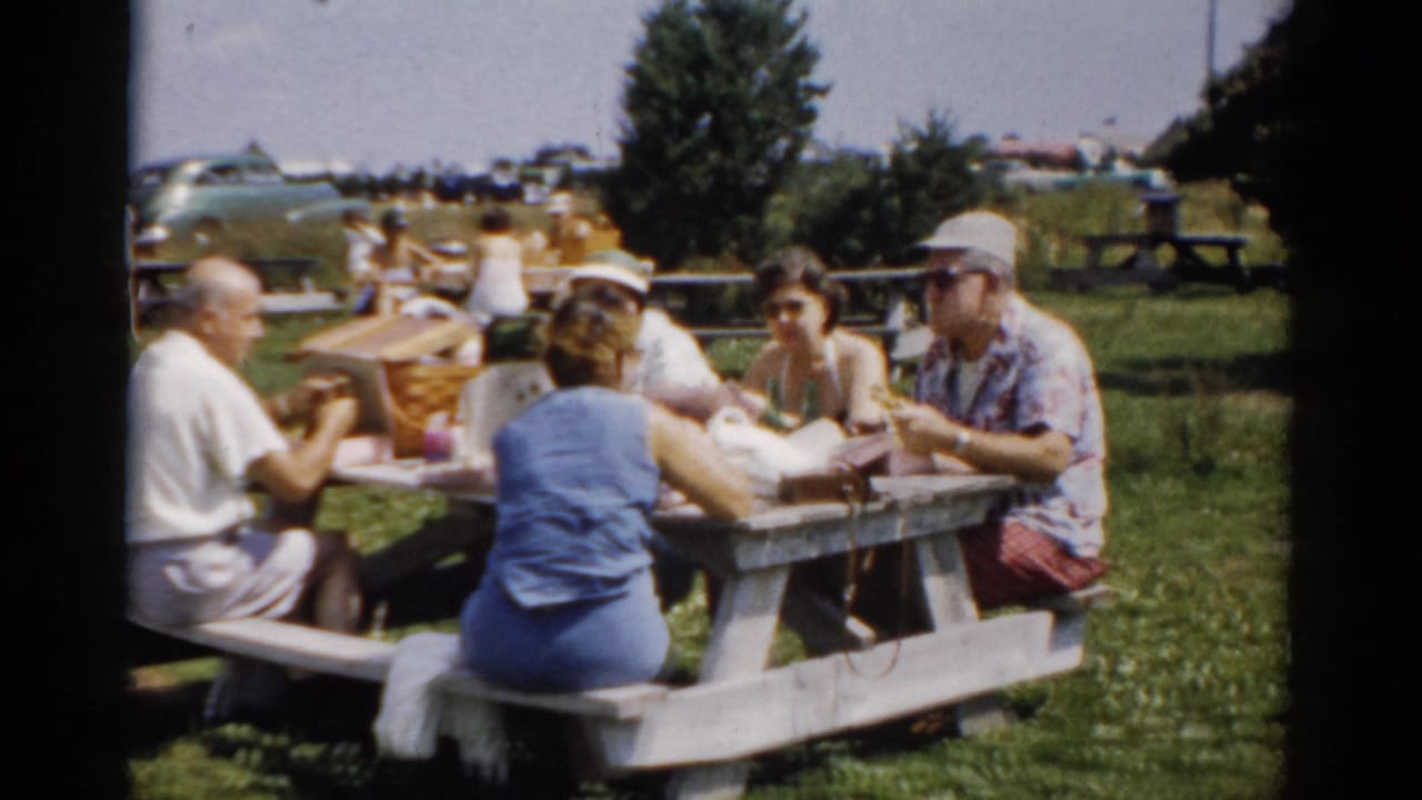 Same group at picnic table; wicker basket visible at center, man in white shirt present, other park visitors and picnic tables in background.