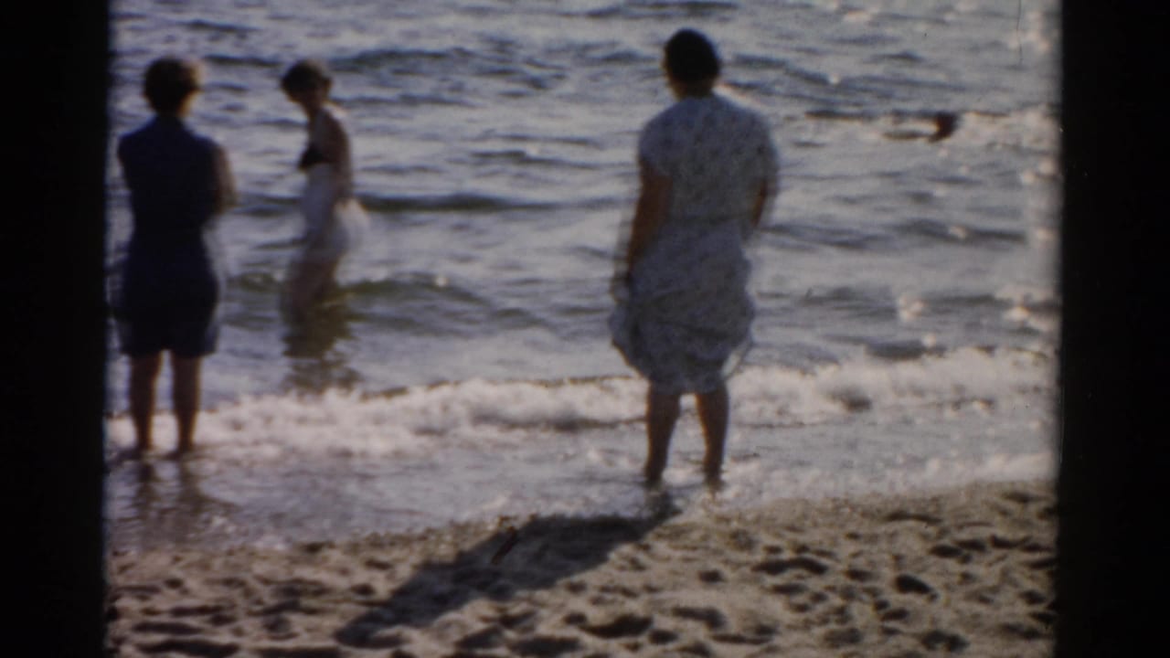 Women in mid-century summer dresses and swimwear stand at the waterline, facing outward, circa 1957, Catskill New York region.