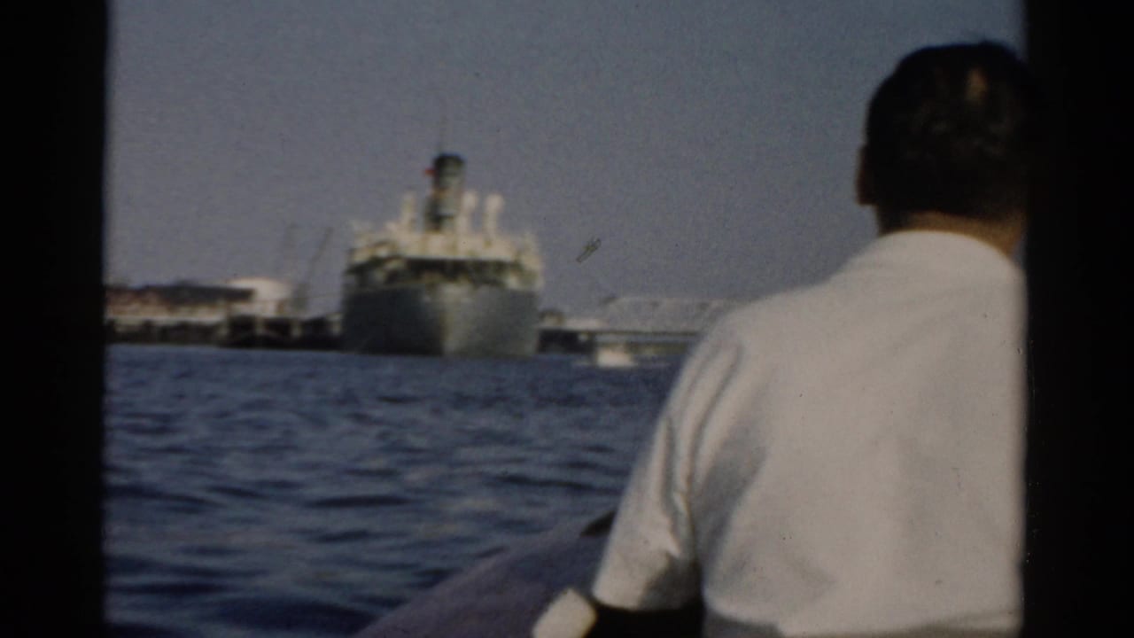 Large white passenger ship with dark hull seen across choppy open water; man in white shirt at right edge of frame.