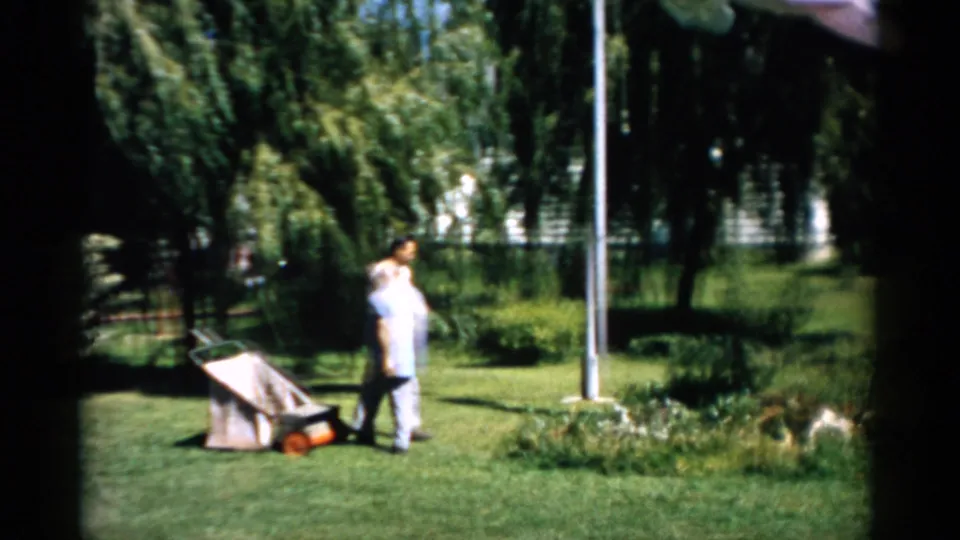 Man pushes a vintage lawnmower across a well-kept sunny lawn, Catskill, New York, 1957; weeping willow and mixed trees visible behind.