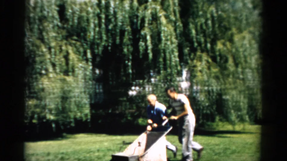 Two men push a vintage lawnmower in bright summer light, Catskill, New York, circa 1957; a large weeping willow and lush tree canopy fill the background.