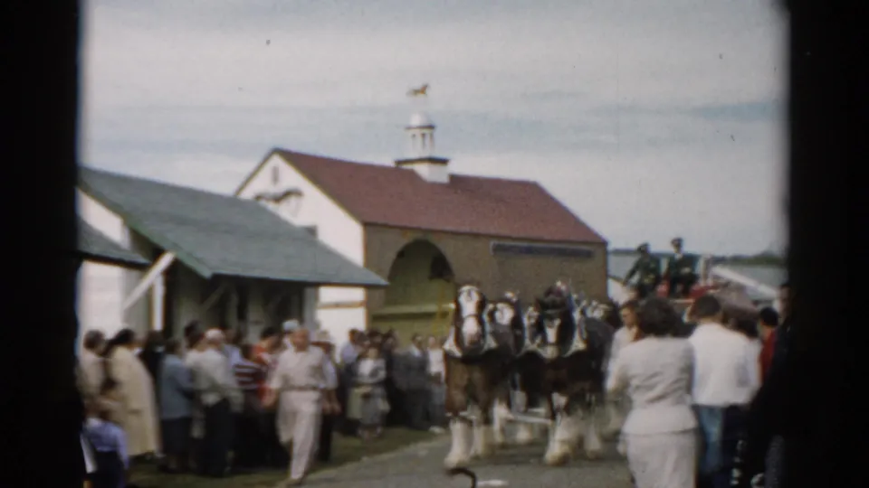 Wide shot of a c.1957 upstate New York parade or fair ground showing a horse-drawn carriage, spectators in period dress, and a large barn with red roof and weathervane.