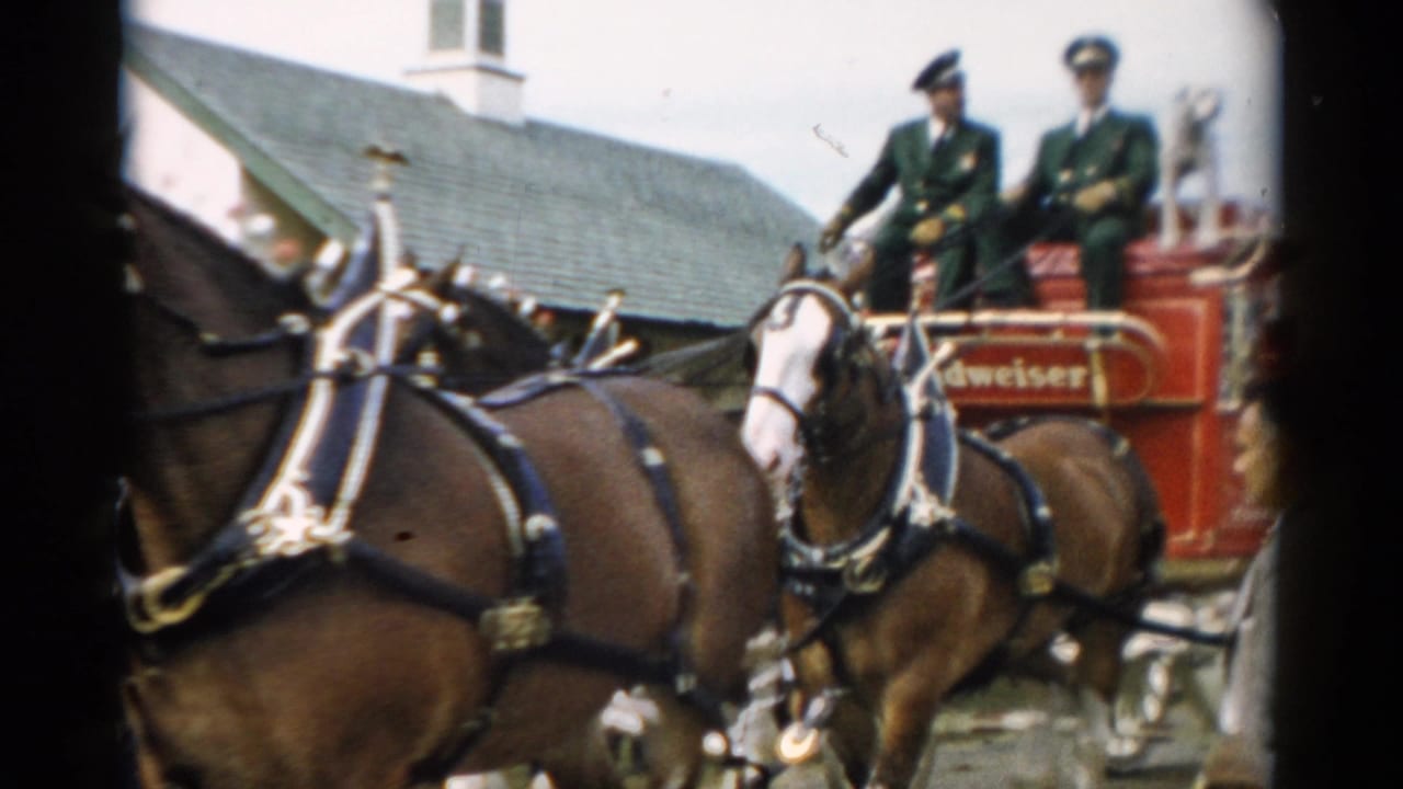 The Budweiser Clydesdale team pulls a red wagon through Catskill, with two green-uniformed men seated above the wagon and the brand name visible on the side.