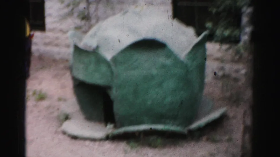 Large decorative tortoise shell enclosure at what appears to be an animal park, possibly Catskill area, New York, circa 1957, 8mm film.
