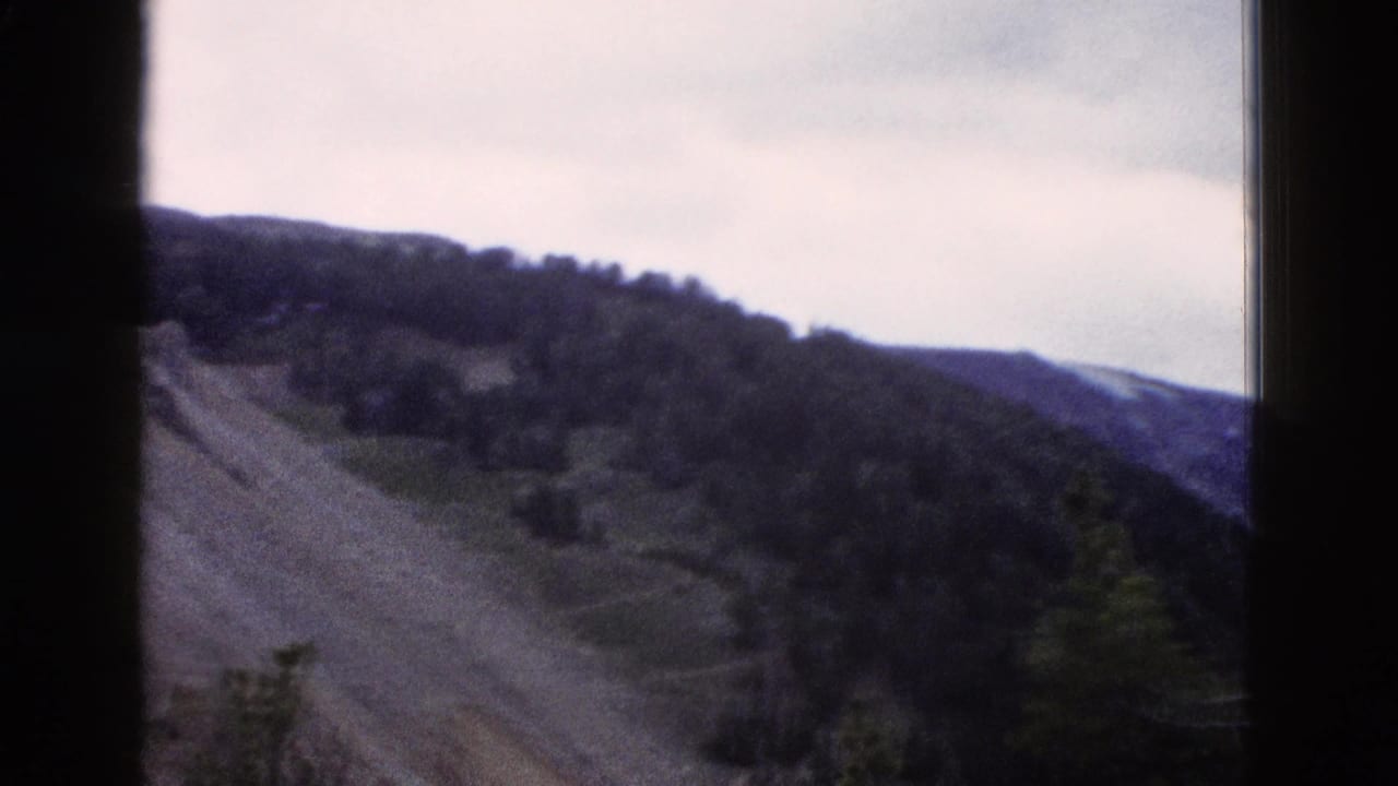 Steep rocky hillside with conifer-lined ridge; mountain valley visible to the right under pale sky.