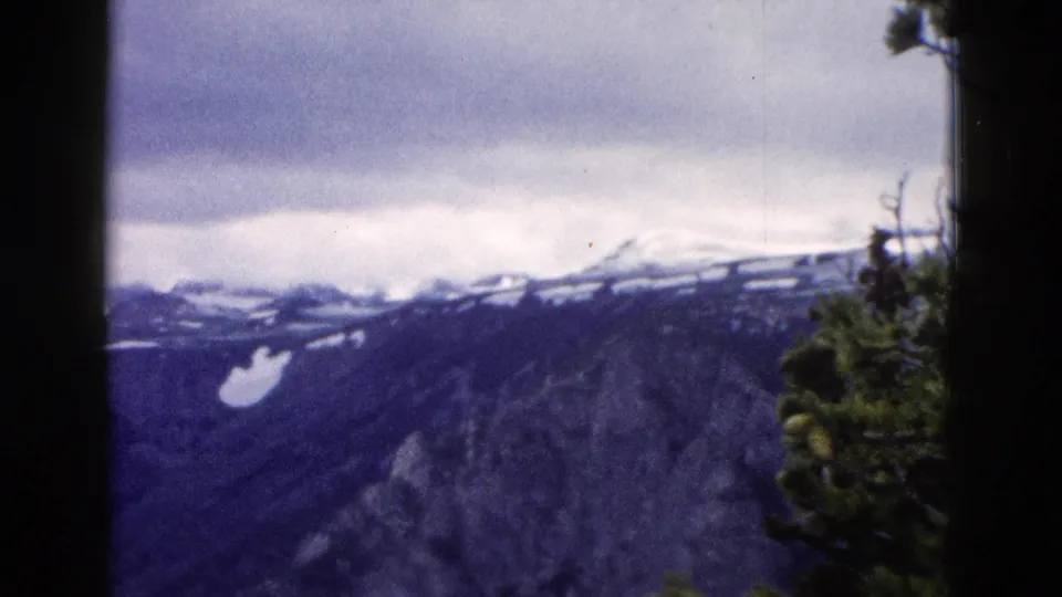1958 8mm home movie frame of a mountain range in the Yellowstone area of Wyoming, pine foliage and a dark vertical framing element in the foreground.