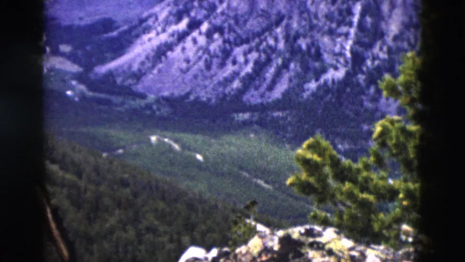 8mm frame circa 1958 as the camera pans to reveal foreground pine trees and rocky terrain against a mountain backdrop and green valley floor.
