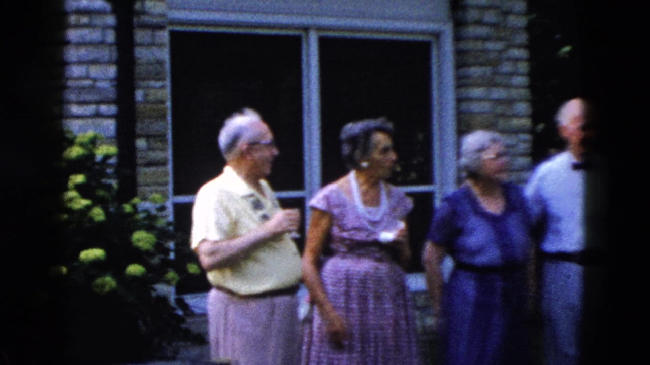 Four older adults at a backyard gathering, reportedly Wyoming circa 1958; hydrangea bushes in full bloom, brick house with large windows behind them.