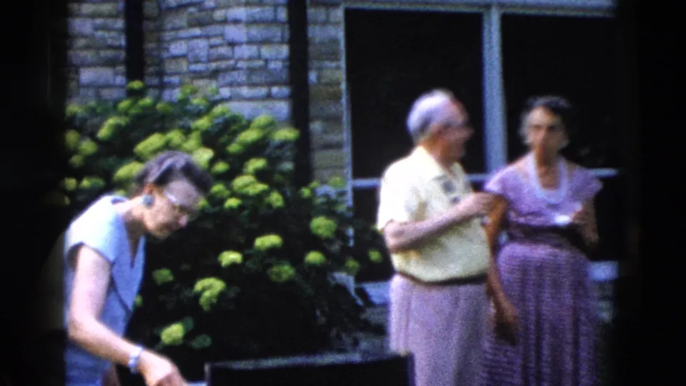 Woman bending toward what may be a cooler or container at a backyard gathering, c. 1958; hydrangea bushes in background, two other guests visible behind her.