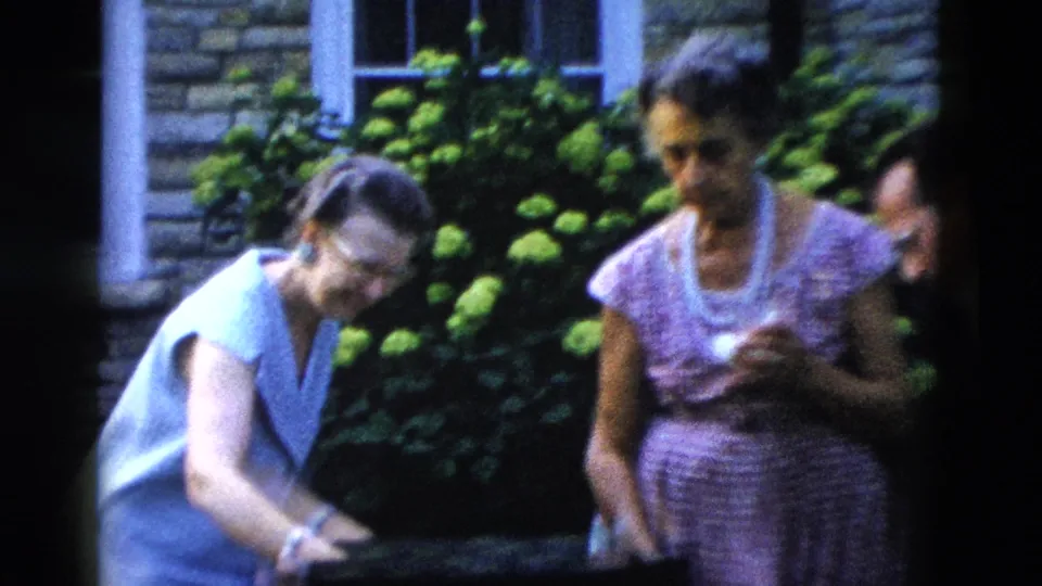 Two women at a 1950s outdoor gathering circa 1958 lean in over something off-frame; woman in light blue top at left, woman in pink patterned dress at right, stone wall and hydrangeas behind.