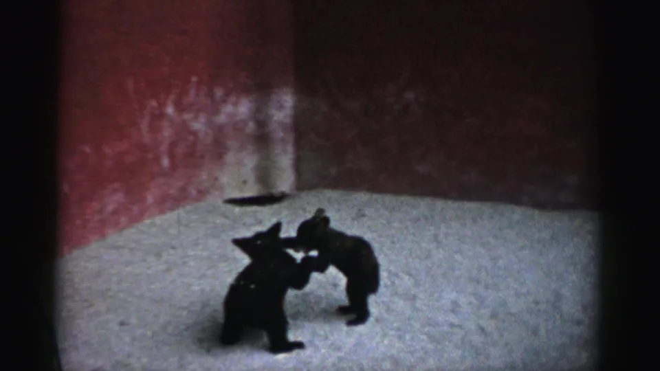 In the 1957 Catskill Game Farm scene, the bear cubs grapple on snow while the red enclosure wall fills the background.
