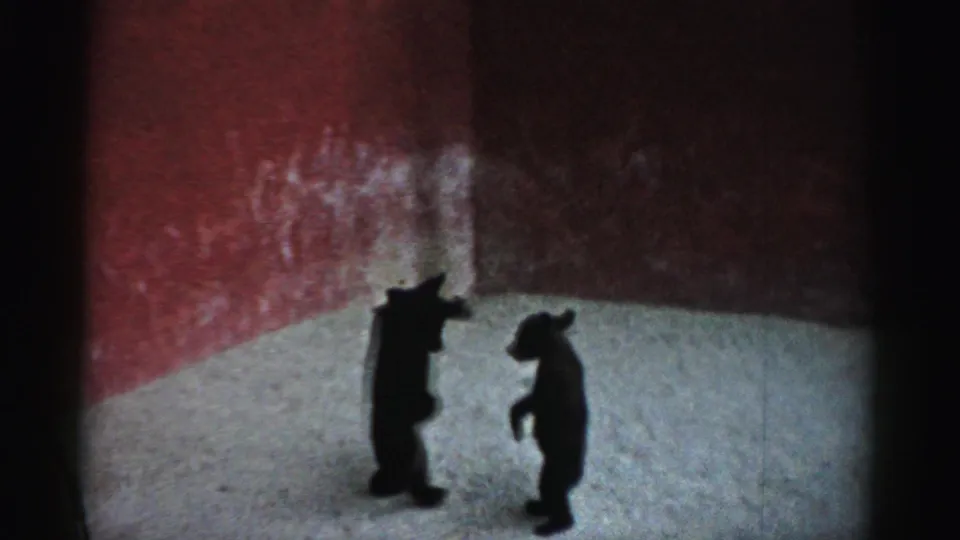 In 1957 Catskill zoo footage, two bear cubs face each other on hind legs inside a red-walled enclosure.