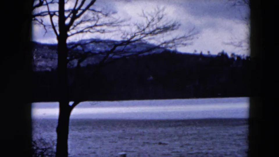 Vintage 8mm lake view in Hicksville metadata, with silhouetted bare trees in front of water and low hills.