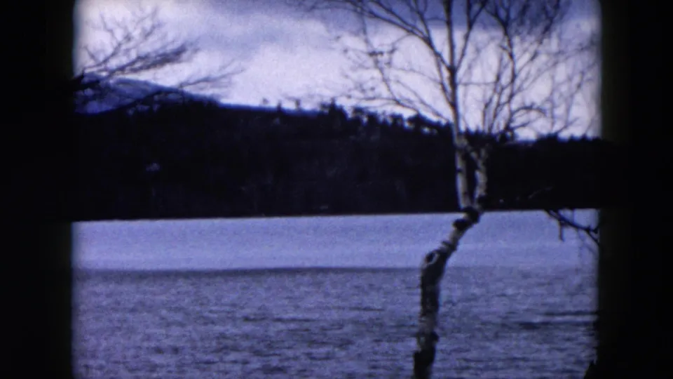 1957 Hicksville, New York 8mm frame showing a bare tree near the water, an icy lake band, forested shoreline, and winter sky.