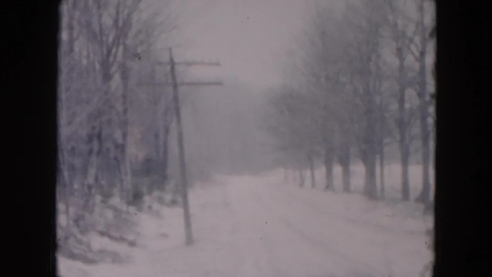 Soft 8mm frame of a quiet snow-covered Hicksville road, dated 1957 by metadata, with bare trees and roadside utility poles.