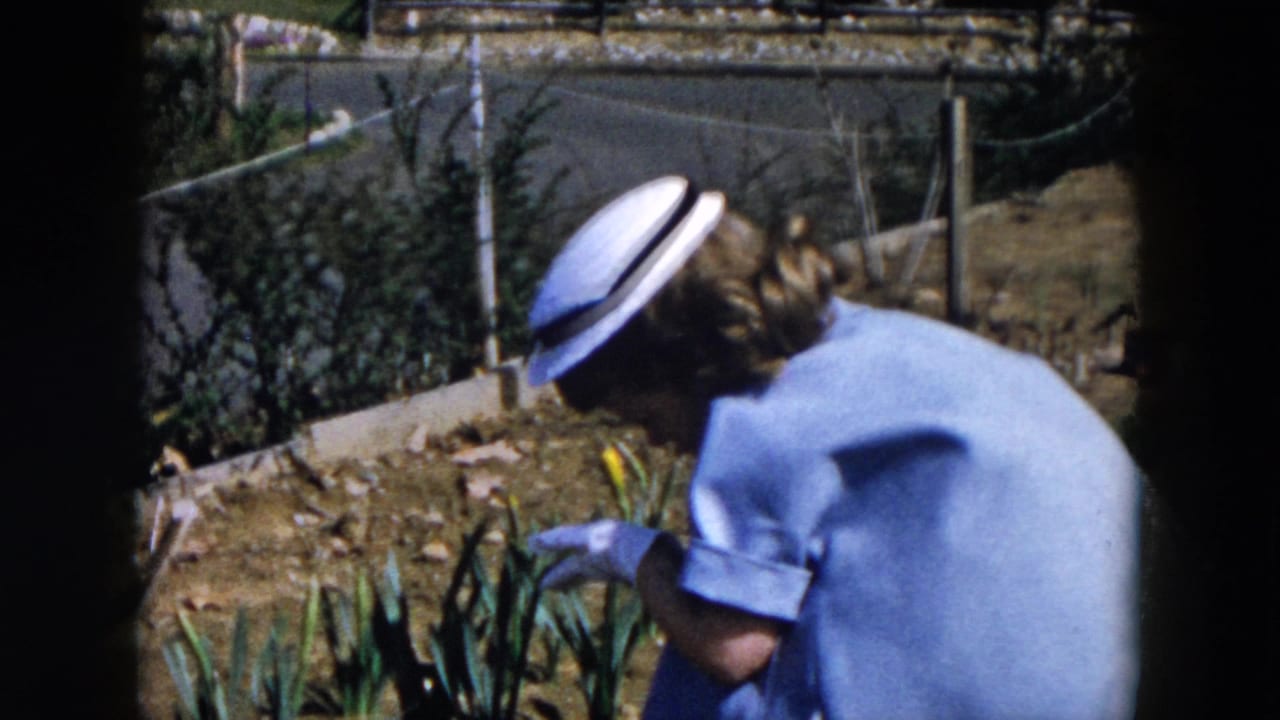 In 1957 Hicksville, New York home-movie footage, a woman in a pale blue dress and white hat bends toward garden plants near a chain-link fence.