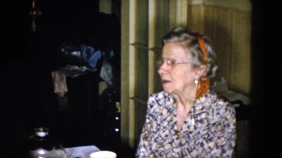 The woman sits at the Hicksville dinner table in a patterned blouse and glasses, with cups and papers or napkins visible nearby.