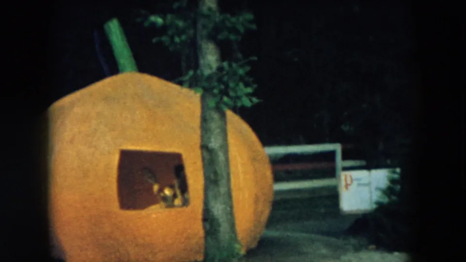 Orange pumpkin playhouse at a Hicksville attraction, with a person or figure visible inside the square window.