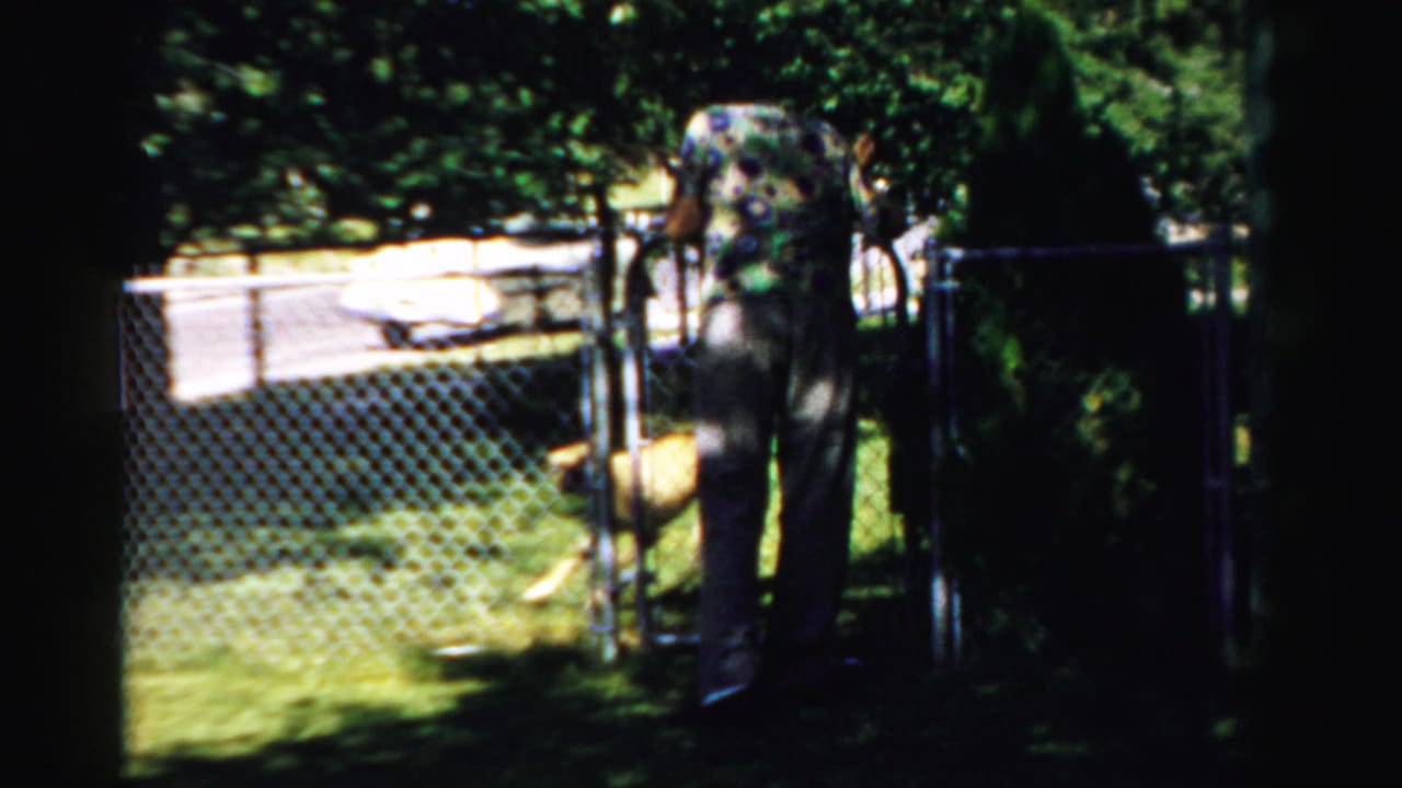 1957 Normal, Illinois home-movie frame showing a man near a chain-link fence with a tan dog in a grassy yard.