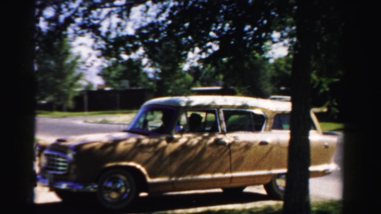Gold station wagon seen side-on behind tree trunks on a shaded suburban street.