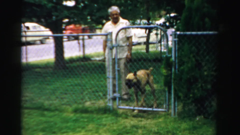 Home-movie frame from Normal, Illinois in 1957 showing the man and dog near a backyard chain-link fence.